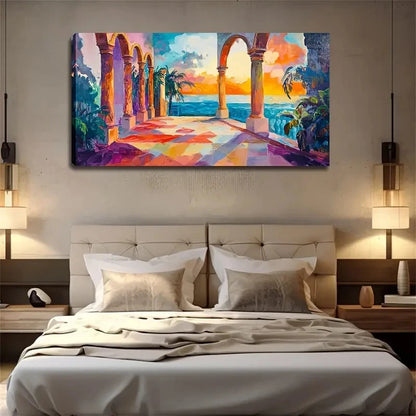 Mediterranean Temple Sunset Wall Art Canvas Office Home Room Framed 120x60cm