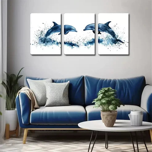 3pcs A Dolphin Couple, Paint Wall Art Canvas Unframed - High Quality Print 100% Australian Made Wall Canvas