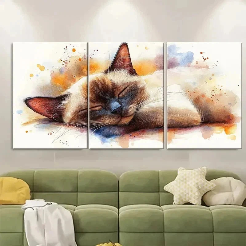 3pcs Siamese Cat Sleeping RH  Wall Art Set Canvas Framed 50x70cm - High Quality Print 100% Australian Made Wall Canvas Ready to Hang - Bella Home Decor