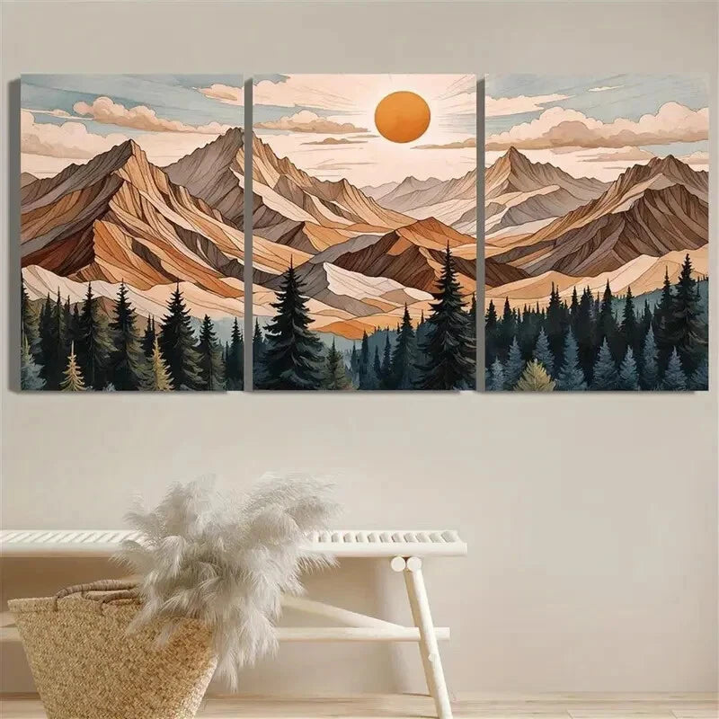 3pcs Abstract Forest Mountains Metal Print Ready to Hang Art - Bella Home Decor