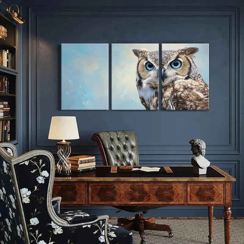 3pcs Artistic Owl Portrait Blue Eyes Detailed Metal Print Ready to Hang Art