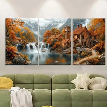 3pcs Ancient Houses and Waterfalls Landscape Metal Print Ready to Hang Art - Bella Home Decor