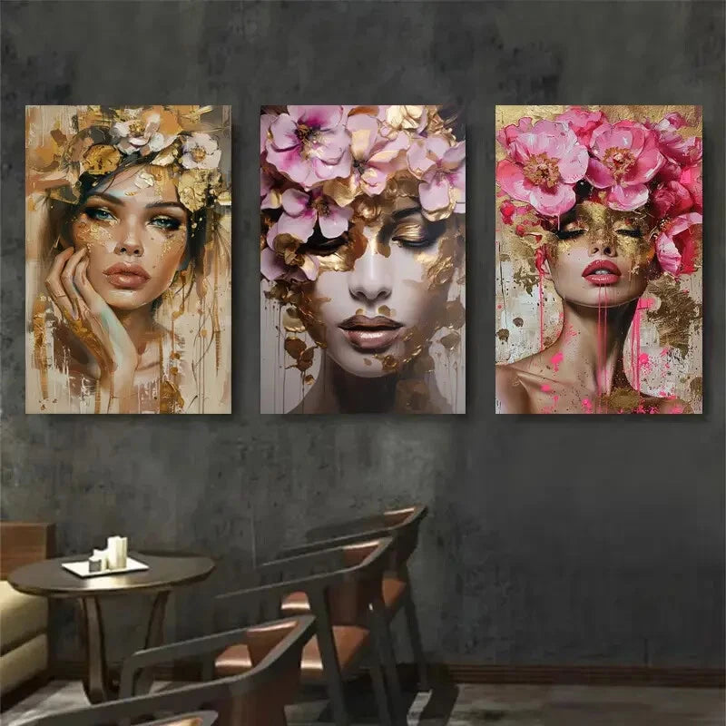 3pcs Floral Crown Woman Portrait Elegant Perfect Wall Art Set Canvas Framed 40x60cm - High Quality Print 100% Australian Made Wall Canvas Ready to Hang - Bella Home Decor