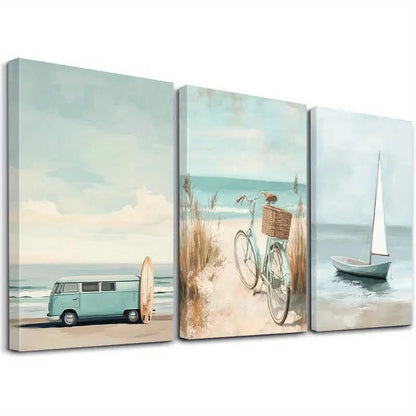 3pcs Pink Kombi Van And The Beach      Wall Art Set Canvas Framed 50x70cm - High Quality Print 100% Australian Made Wall Canvas Ready to Hang