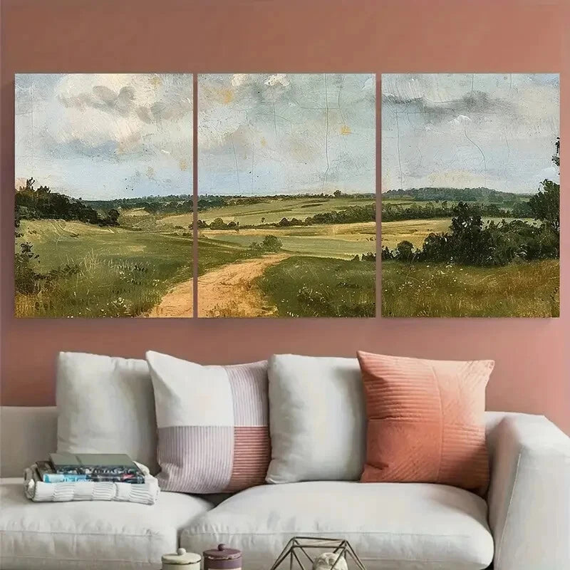 3pcs Green Meadow Rustic and Scenic Hills Metal Print Ready to Hang Art