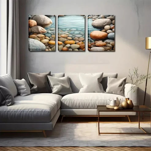 3pcs Oil Painting, Pebbles And Streams, Wall Art Canvas Unframed - High Quality Print 100% Australian Made Wall Canvas