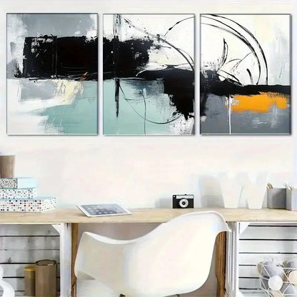 3pcs Abstract Black White Teal and Orange Metal Print Ready to Hang Art - Bella Home Decor