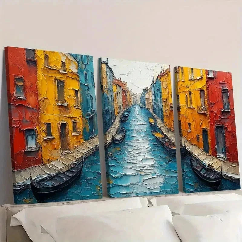 3pcs Gondolas and Colorful Buildings S  Wall Art Set Canvas Framed 50x70cm - High Quality Print 100% Australian Made Wall Canvas Ready to Hang - Bella Home Decor