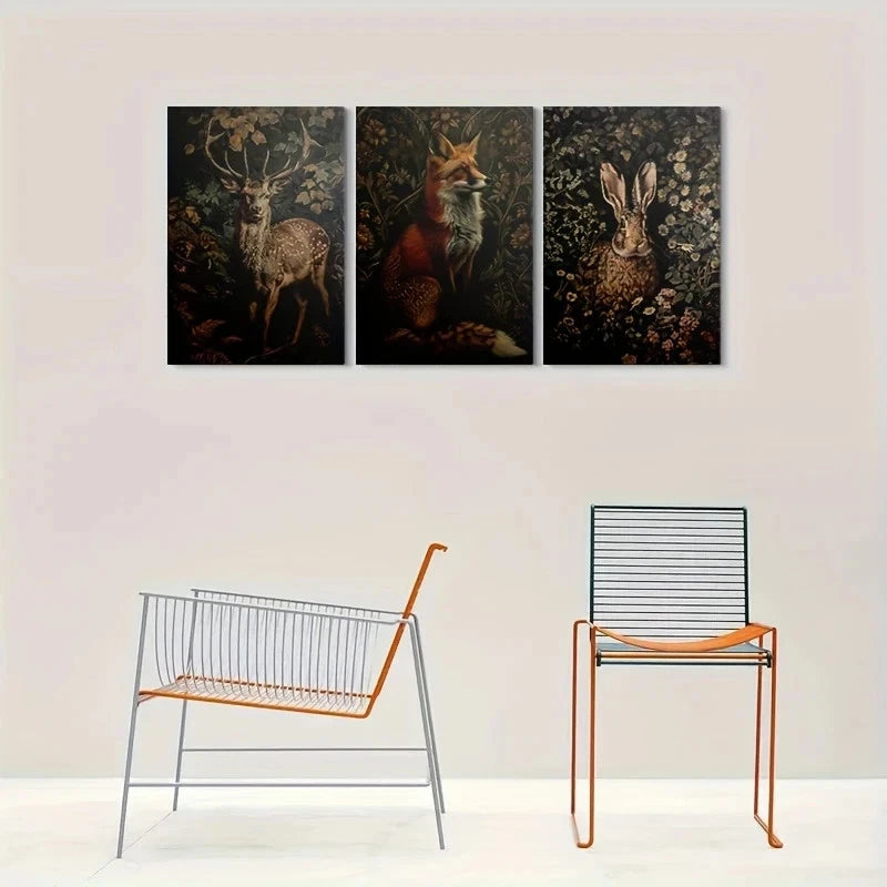 3pcs Deer Fox Rabbit in Forest Metal Print Ready to Hang Art - Bella Home Decor
