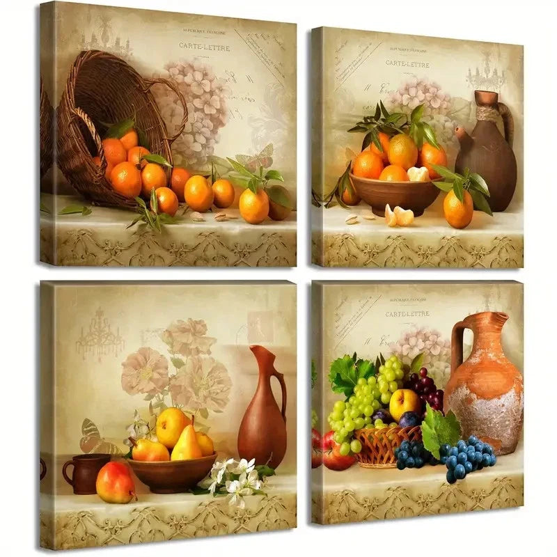 4pcs Vintage Theme Fruit Pictures Farmhouse Rust Wall Art Canvas Framed