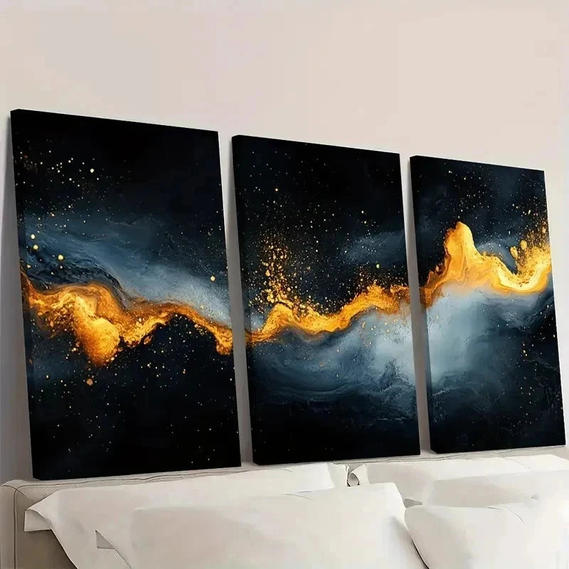 3pcs Black Abstract Painting Golden Art W   Wall Art Set Canvas Framed 40x60cm - High Quality Print 100% Australian Made Wall Canvas Ready to Hang - Bella Home Decor