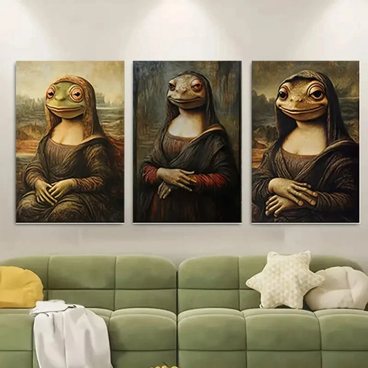 3pcs Vintage Art with Whimsical Frog Character Wall Art Canvas Framed 40x60cm - High Quality Print 100% Australian Made Wall Canvas Ready to Hang