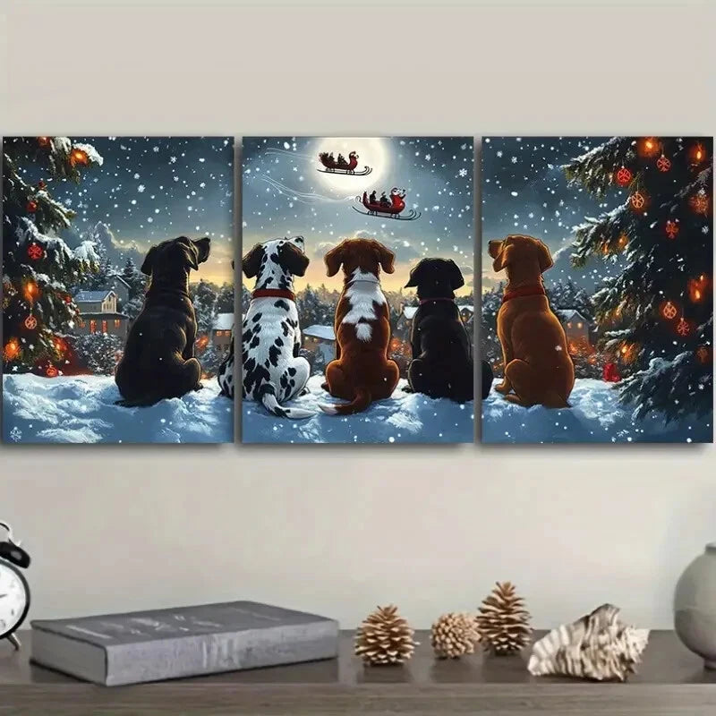 3pcs Festive Dogs Watching Santa Claus, Metal Print Ready to Hang Art