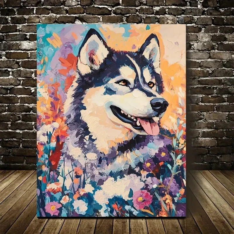 Vibrant Alaskan Malamute with Colorful Flowers 40x60cm Metal Print Ready to Hang