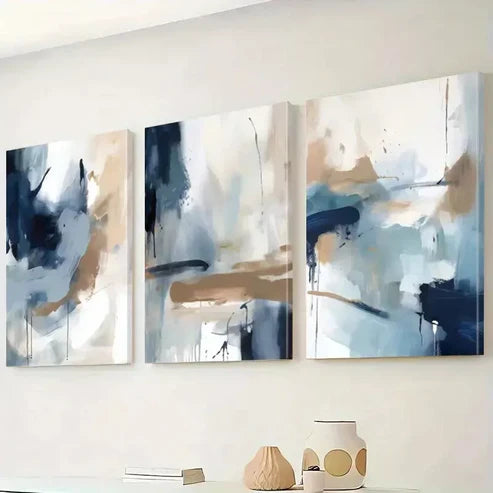 3pcs Abstract Wall Art In Shades Of Blue And Brown And White Canvas Framed 60x90cm - High Quality Print 100% Australian Made Wall Canvas Ready to Hang