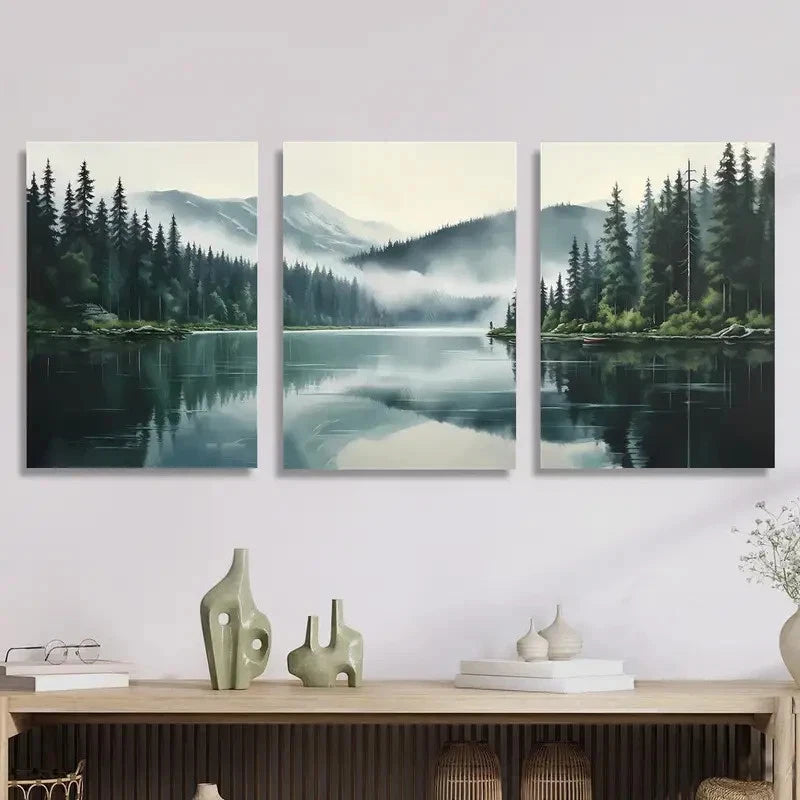 3pcs Serene Misty Forest & Tranquil Lake Metal Print Ready to Hang Art - Bella Home Decor
