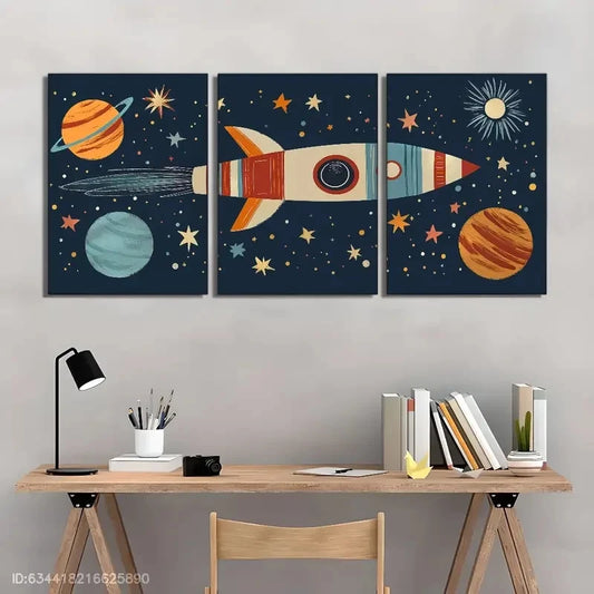 3pcs Space Rocket & Planets Art Set Metal Print Ready to Hang Art
