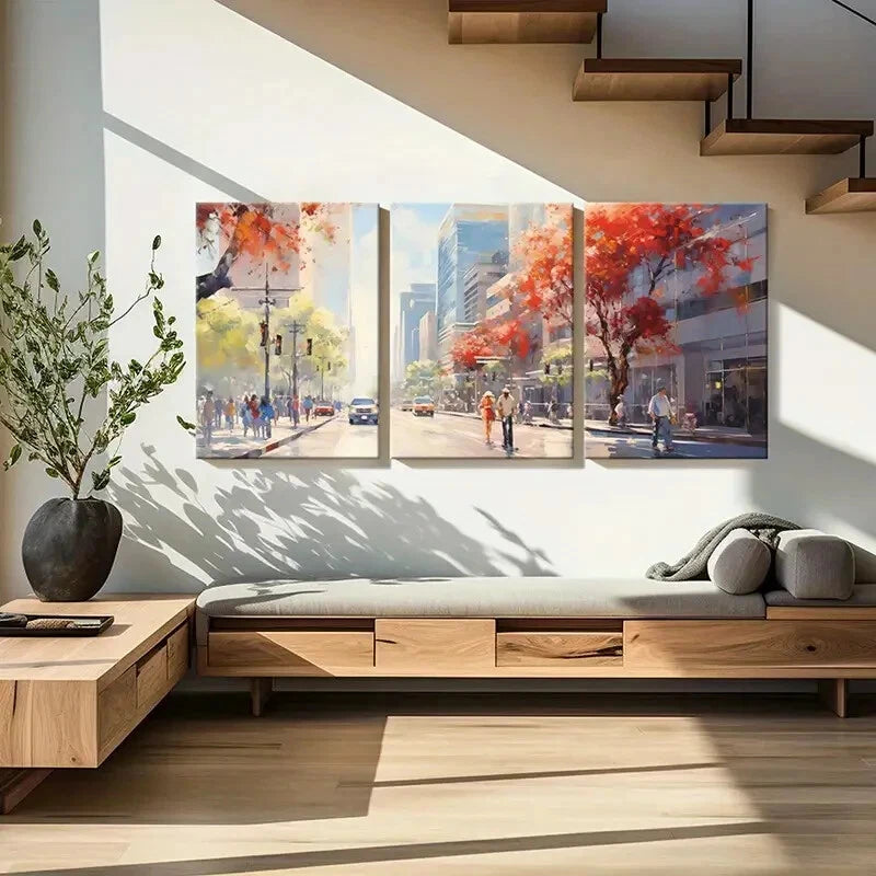 3pcs Abstract Cityscape Autumn Trees Urban Life Metal Print Ready to Hang Art - Bella Home Decor