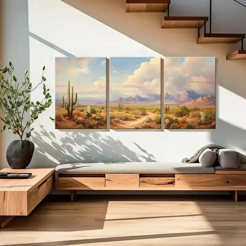 3pcs Cactus Mountain Desert Vintage Wall Art Set Canvas Framed 60x90cm - High Quality Print 100% Australian Made Wall Canvas Ready to Hang - Bella Home Decor