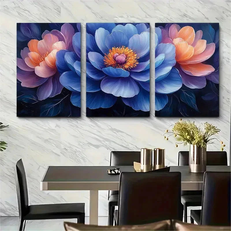 3pcs Blue Violet Peony Floral Abstract Perfect Wall Art Set Canvas Framed 60x90cm - High Quality Print 100% Australian Made Wall Canvas Ready to Hang - Bella Home Decor