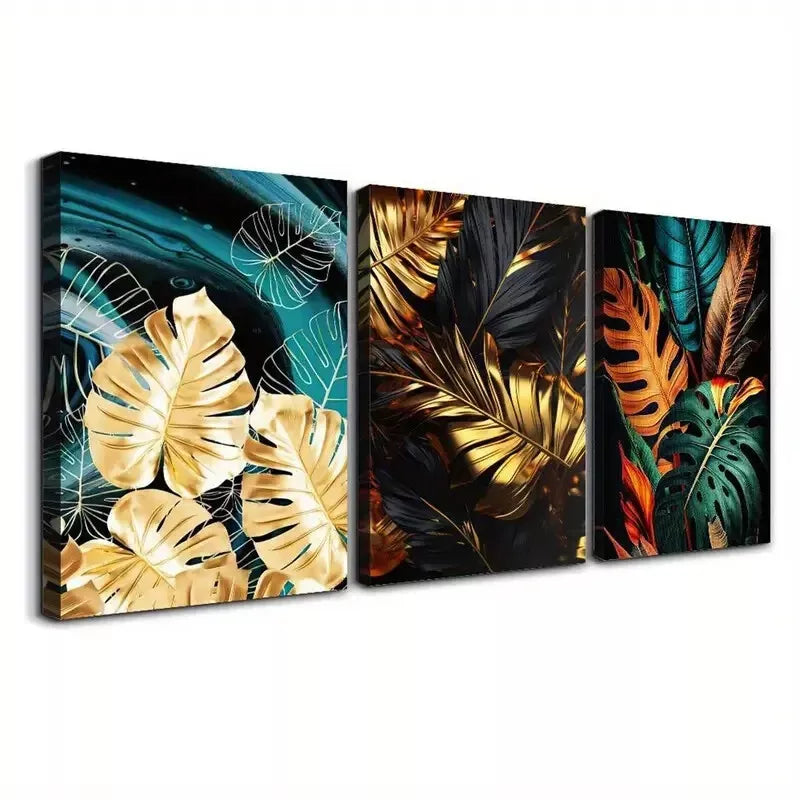 3pcs Stylish Black and Golden Feathers Leaves Wall Art Canvas Unframed - High Quality Print 100% Australian Made Wall Canvas