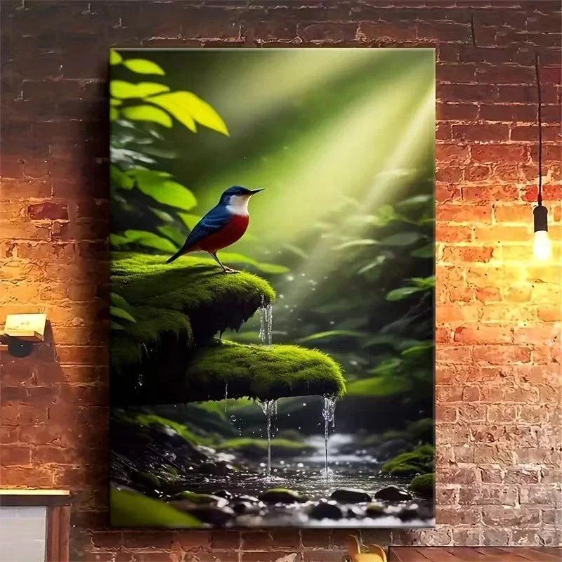 Blue & Red Bird, Waterfall & Mossy Rocks Metal Print Ready to Hang