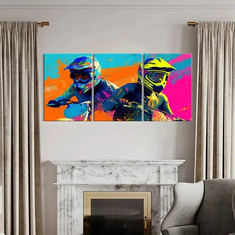 3pcs Vibrant Motocross Riders Colorful Splash Metal Print Ready to Hang Art - Bella Home Decor