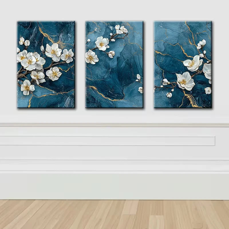 3pcs Blue Cherry Blossom Floral Design Wall Art Set Canvas Framed 60x90cm - High Quality Print 100% Australian Made Wall Canvas Ready to Hang