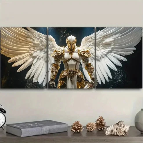 3pcs Angel in White and Golden Armor Wall Art Set Canvas Unframed - High Quality Print 100% Australian Made Wall Canvas - Bella Home Decor