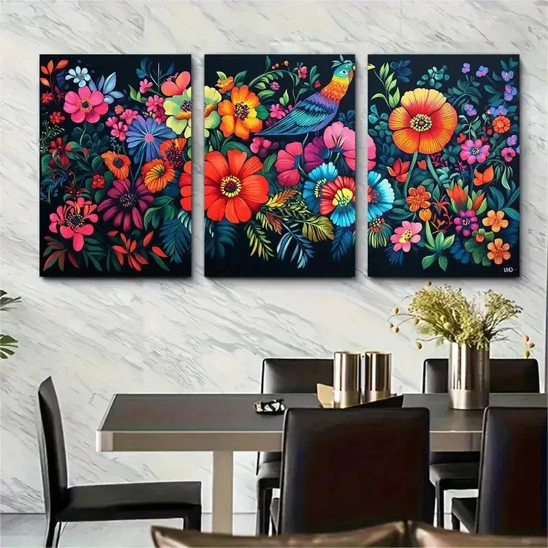 3pcs Vibrant Floral And Bird Nature Perfect Wall Art Set Canvas Framed 50x70cm - High Quality Print 100% Australian Made Wall Canvas Ready to Hang