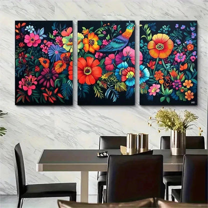 3pcs Vibrant Floral And Bird Nature Perfect Wall Art Set Canvas Framed 50x70cm - High Quality Print 100% Australian Made Wall Canvas Ready to Hang