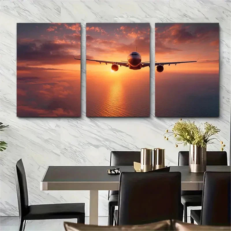 3pcs Sunset Soar Passenger Plane Dusk Perfect Wall Art Set Canvas Framed 40x60cm - High Quality Print 100% Australian Made Wall Canvas Ready to Hang