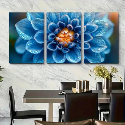3pcs Cyan Blue Dahlia Flower Macro Perfect Wall Art Set Canvas Unframed - High Quality Print 100% Australian Made Wall Canvas - Bella Home Decor