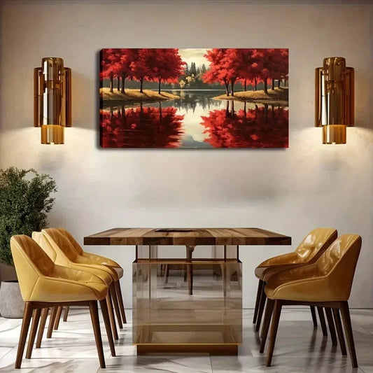 Vibrant Red Maple Forest Lake Wall Art Canvas Office Home Room Framed 120x60cm