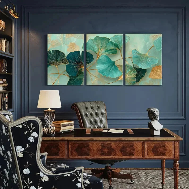 3pcs Ginkgo Leaves Elegant Teal Golden Accents Metal Print Ready to Hang Art - Bella Home Decor