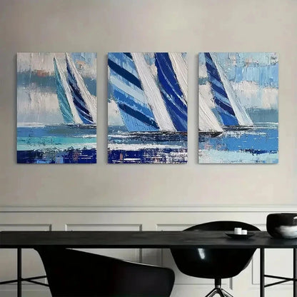 3pcs Blue & White Sailboat Design Print Metal Print Ready to Hang Art - Bella Home Decor