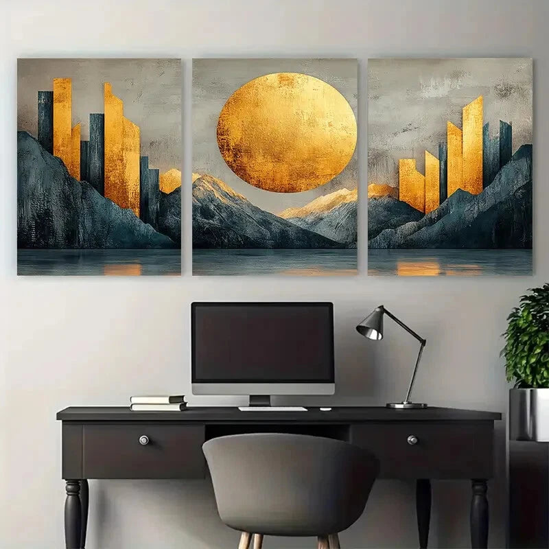 3pcs Beige Grey Golden Abstract Shapes Minimalist Metal Print Ready to Hang Art - Bella Home Decor