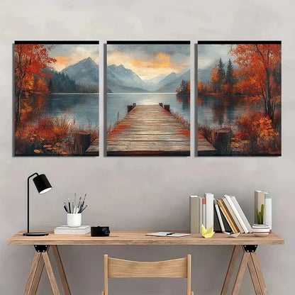 3pcs Autumn Lake Painting Vintage Landscape Metal Print Ready to Hang Art - Bella Home Decor