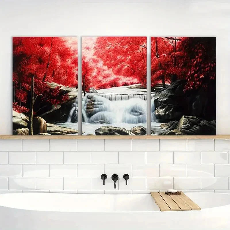 3pcs s Painting Red Forest Waterfalls Printing Metal Print Ready to Hang Art - Bella Home Decor