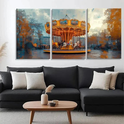3pcs Vintage Carousel in Autumn Park Perfect Wall Art Set Canvas Framed 60x90cm - High Quality Print 100% Australian Made Wall Canvas Ready to Hang