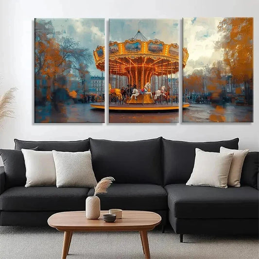 3pcs Vintage Carousel in Autumn Park Perfect Wall Art Set Canvas Framed 60x90cm - High Quality Print 100% Australian Made Wall Canvas Ready to Hang