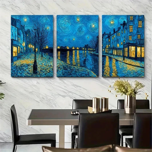 3pcs Van Gogh-Inspired Night Street Perfect Wall Art Set Canvas Framed 50x70cm - High Quality Print 100% Australian Made Wall Canvas Ready to Hang
