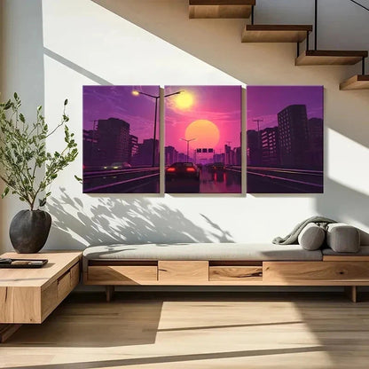 3pcs Vibrant Cityscape with Cars & Streetlights Wall Art Set Canvas Framed 40x60cm - High Quality Print 100% Australian Made Wall Canvas Ready to Hang - Bella Home Decor