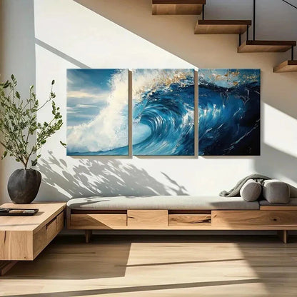 3pcs Abstract Ocean Wave Art Blue Sea Spray Metal Print Ready to Hang Art - Bella Home Decor