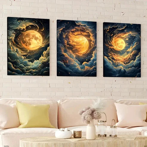 3pcs Night Sky Clouds Stunning Golden Moon Wall Art Set Canvas Unframed - High Quality Print 100% Australian Made Wall Canvas