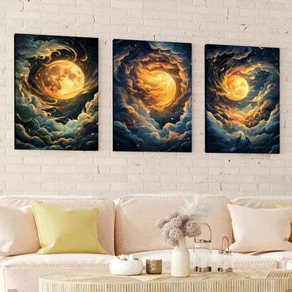 3pcs Night Sky Clouds Stunning Golden Moon Wall Art Set Canvas Unframed - High Quality Print 100% Australian Made Wall Canvas