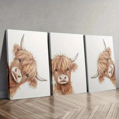 3pcs Cute Animal Highland Cow Wall Art Set Canvas Framed 50x70cm - High Quality Print 100% Australian Made Wall Canvas Ready to Hang - Bella Home Decor
