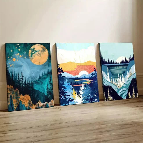 3pcs Abstract Modern River Vista With Trees Art Set Canvas Unframed - High Quality Print 100% Australian Made Wall Canvas - Bella Home Decor