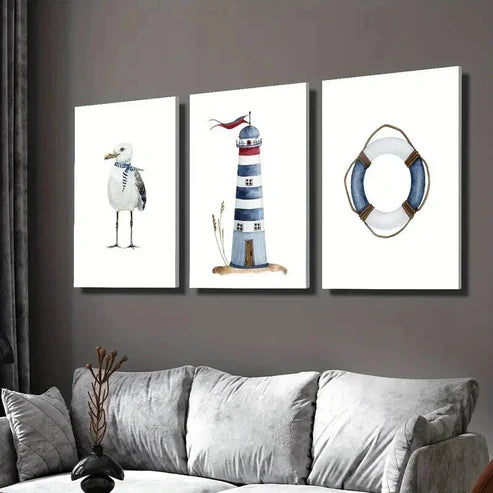 3pcs White Seagull Lighthouse Nautical Lifebuoy Wall Art Set Canvas Unframed - High Quality Print 100% Australian Made Wall Canvas