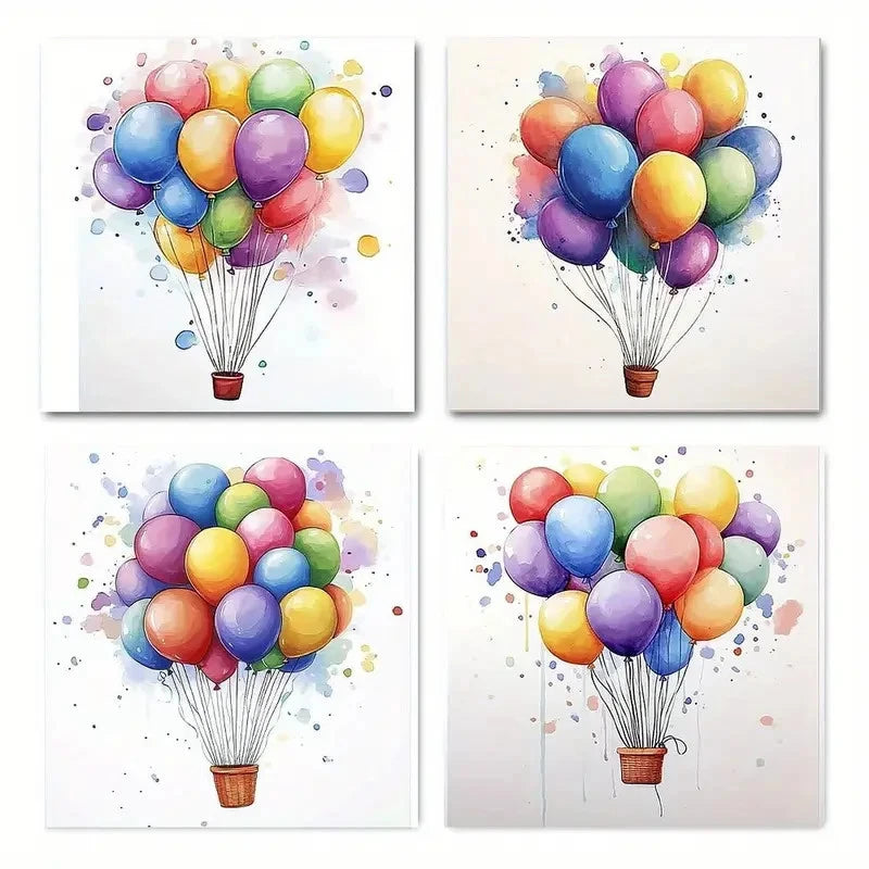 4pcs Colorful Balloons Vibrant Watercolor Design Wall Art Canvas Framed